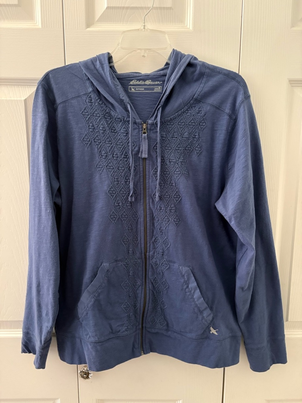 Pretty Eddie Bauer Periwinkle Blue Hoodie with embroidered detailing.